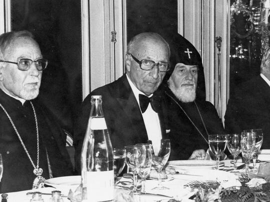 H.H. Catholicos of All Armenians Vasken I with Alex Manoogian at a gala in France